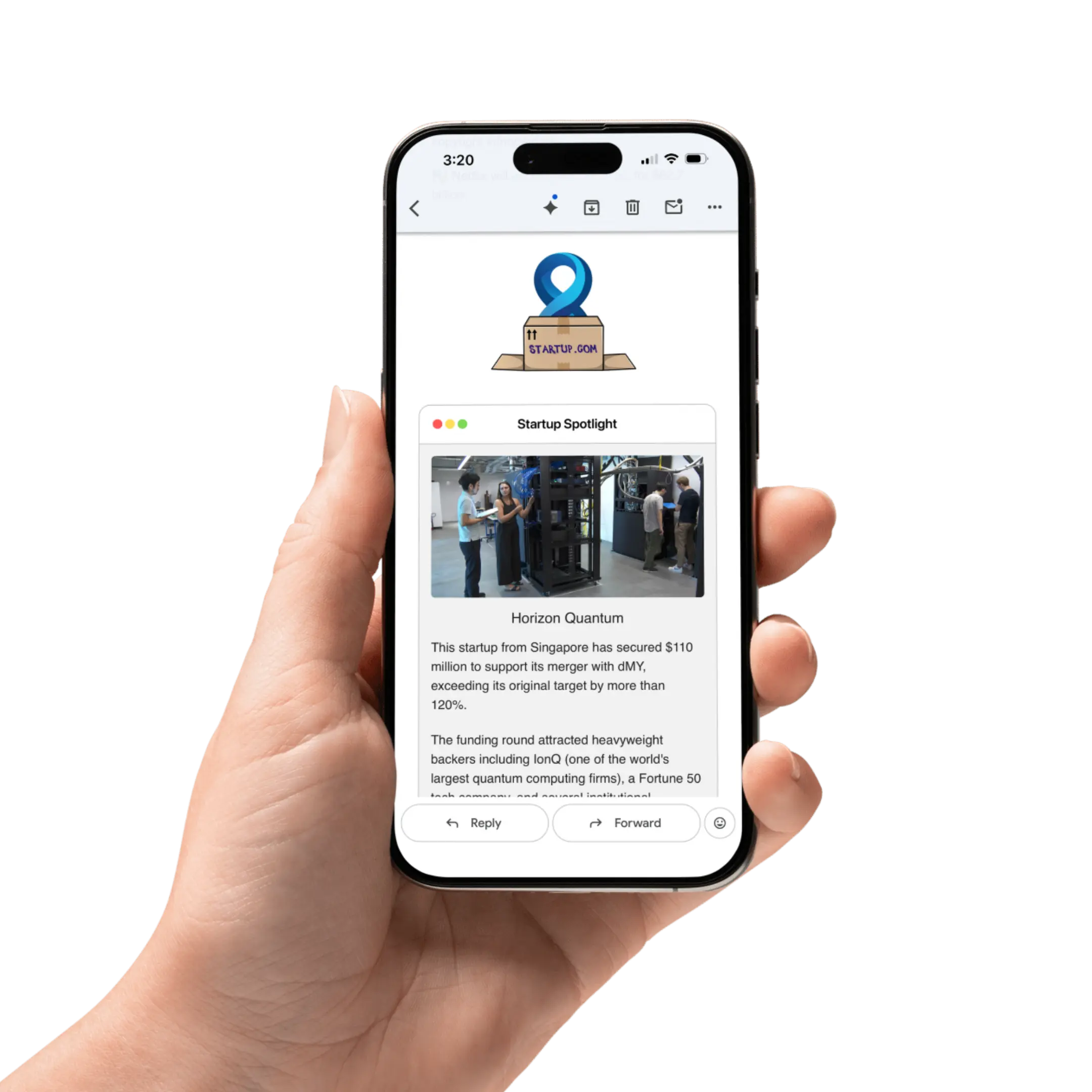 Hand holding iPhone showing startup funding news from Loop