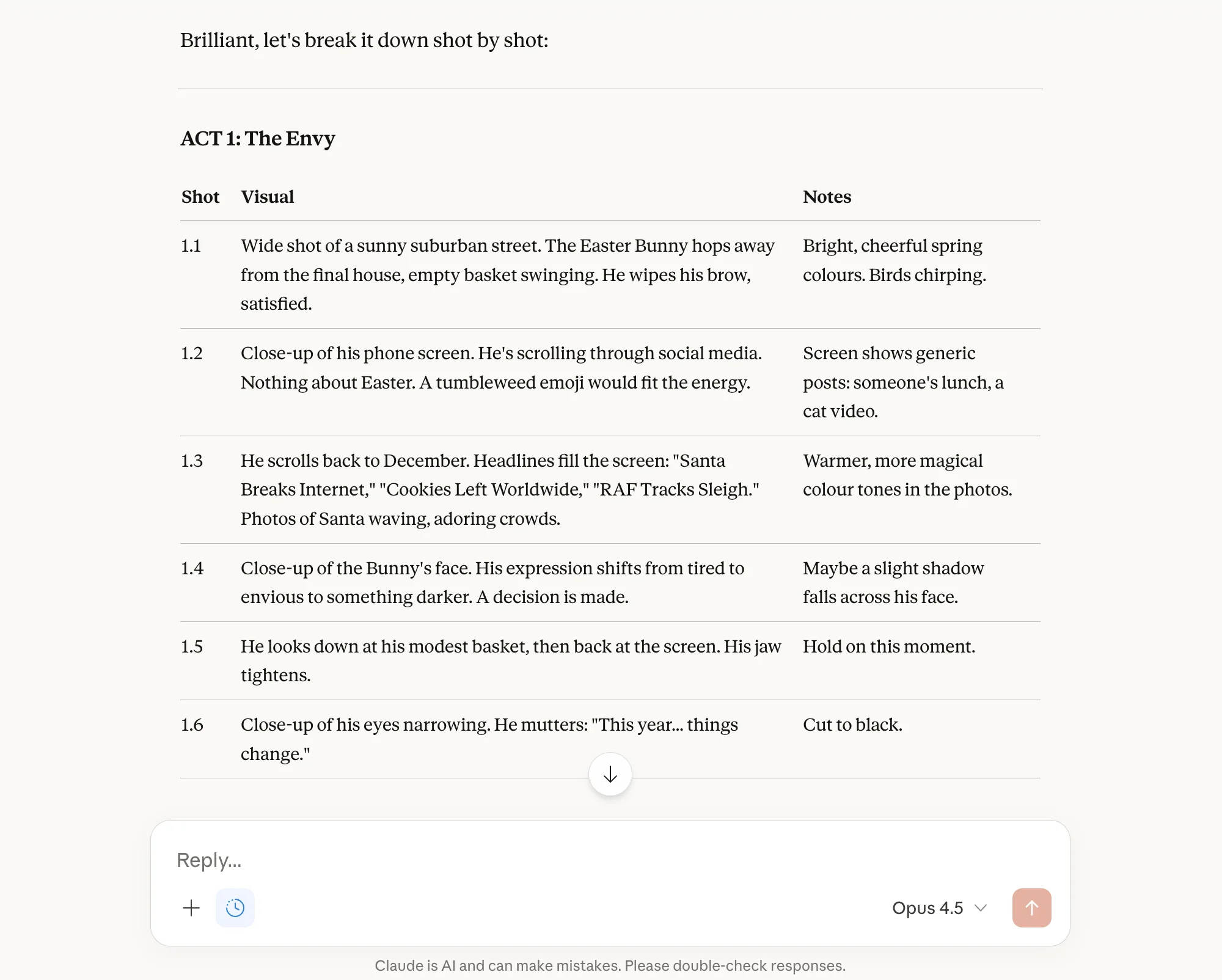 Claude AI breaking down the story into acts and individual camera shots