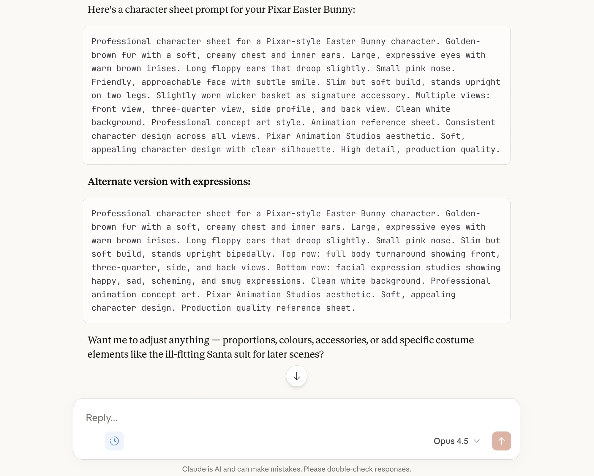 Claude AI generating a detailed prompt for creating a character sheet