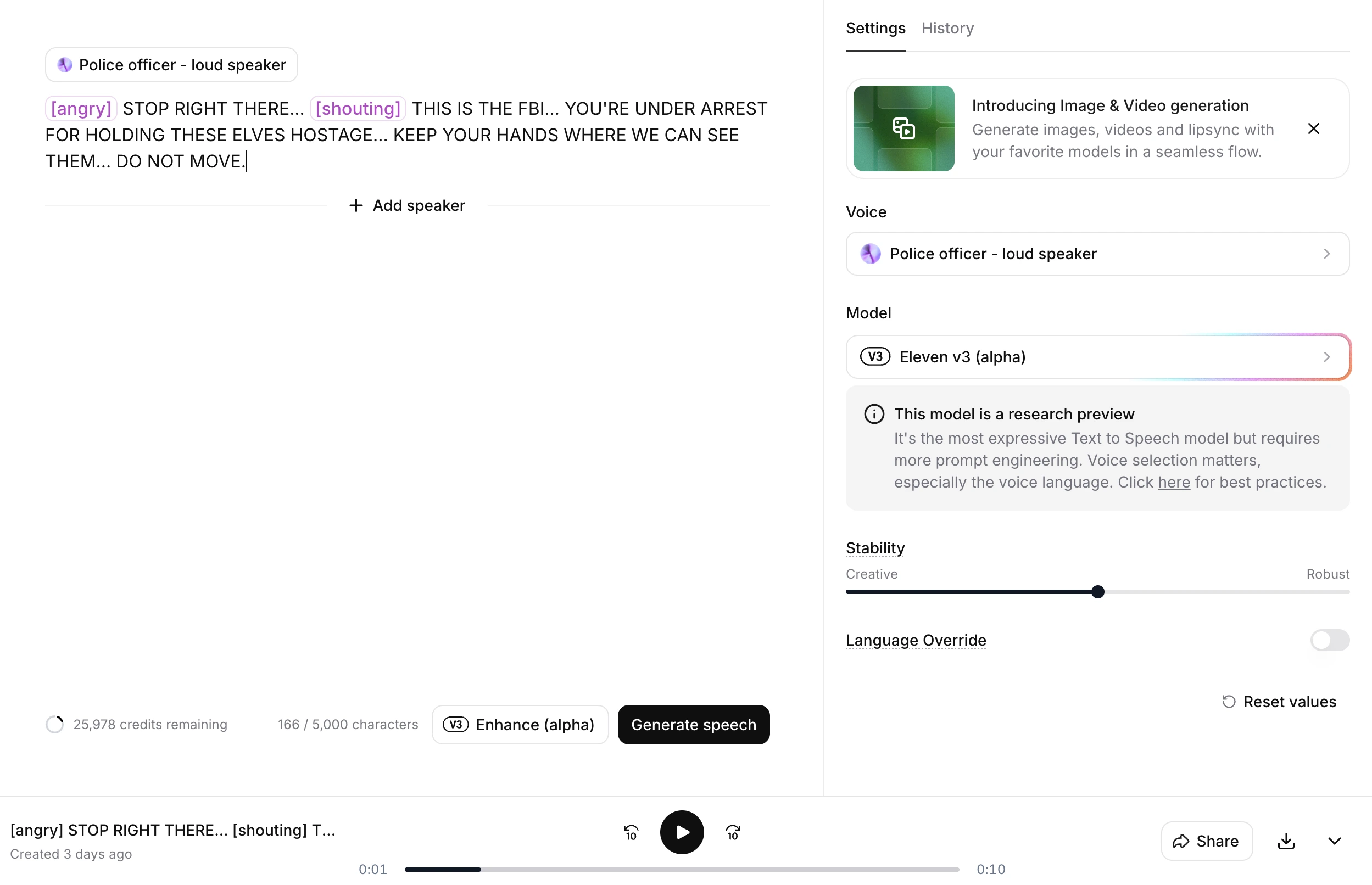ElevenLabs interface showing the generated police officer dialogue audio