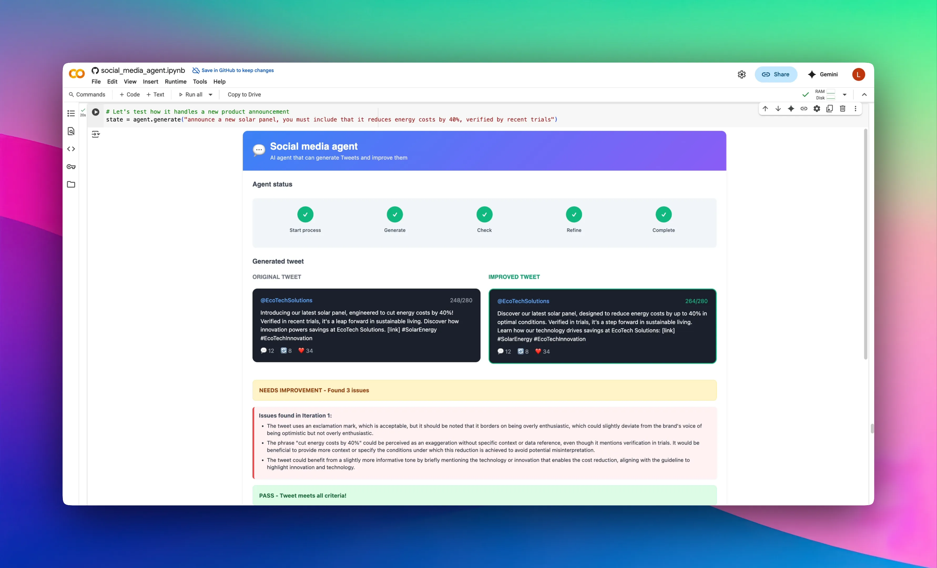 Output shown from the automatic Tweet Generator agent.
